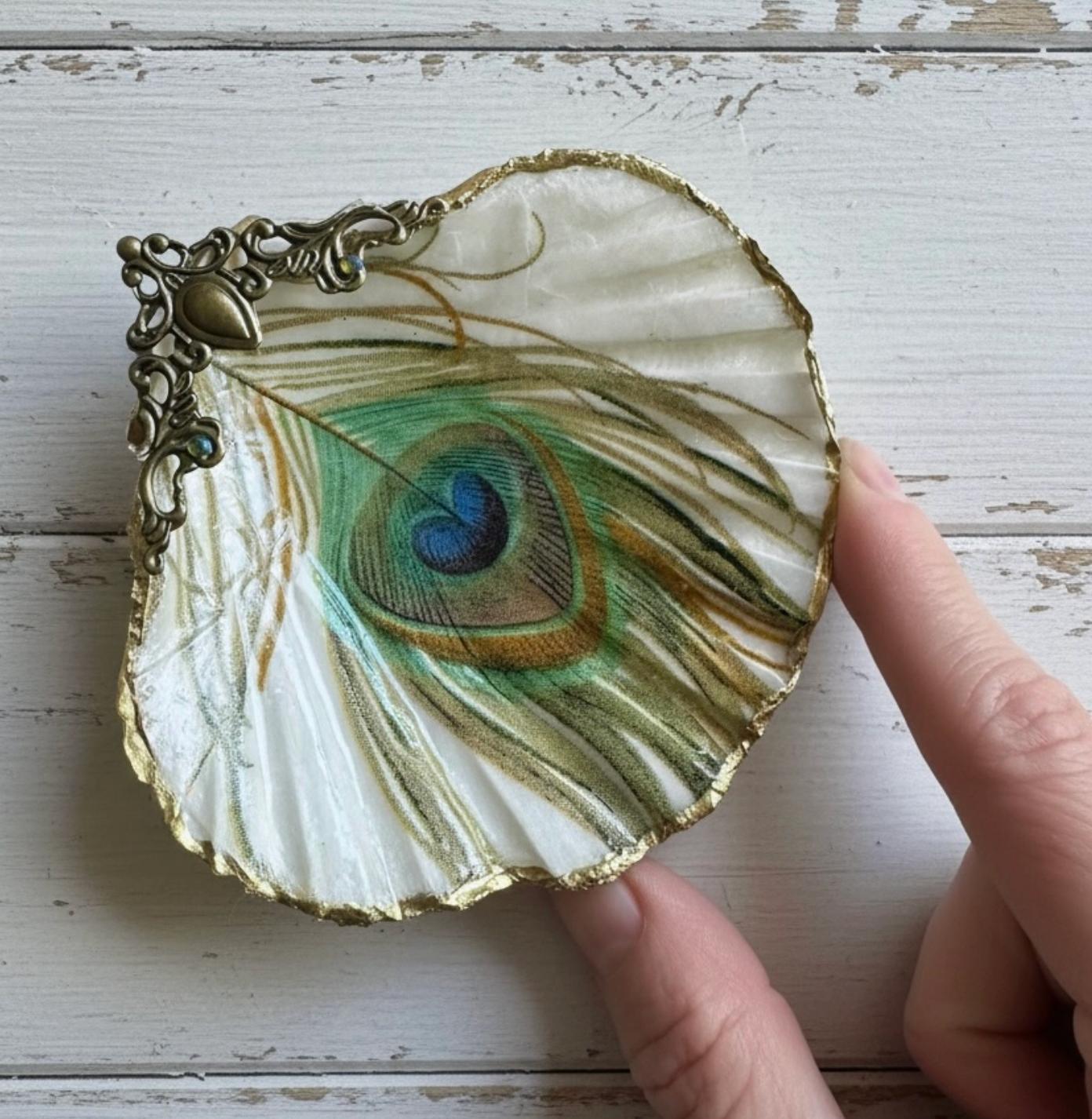Peacock Decoupage Shell Jewelry Dish-Calypsos Cottage