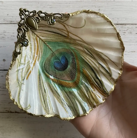 Peacock Decoupage Shell Jewelry Dish