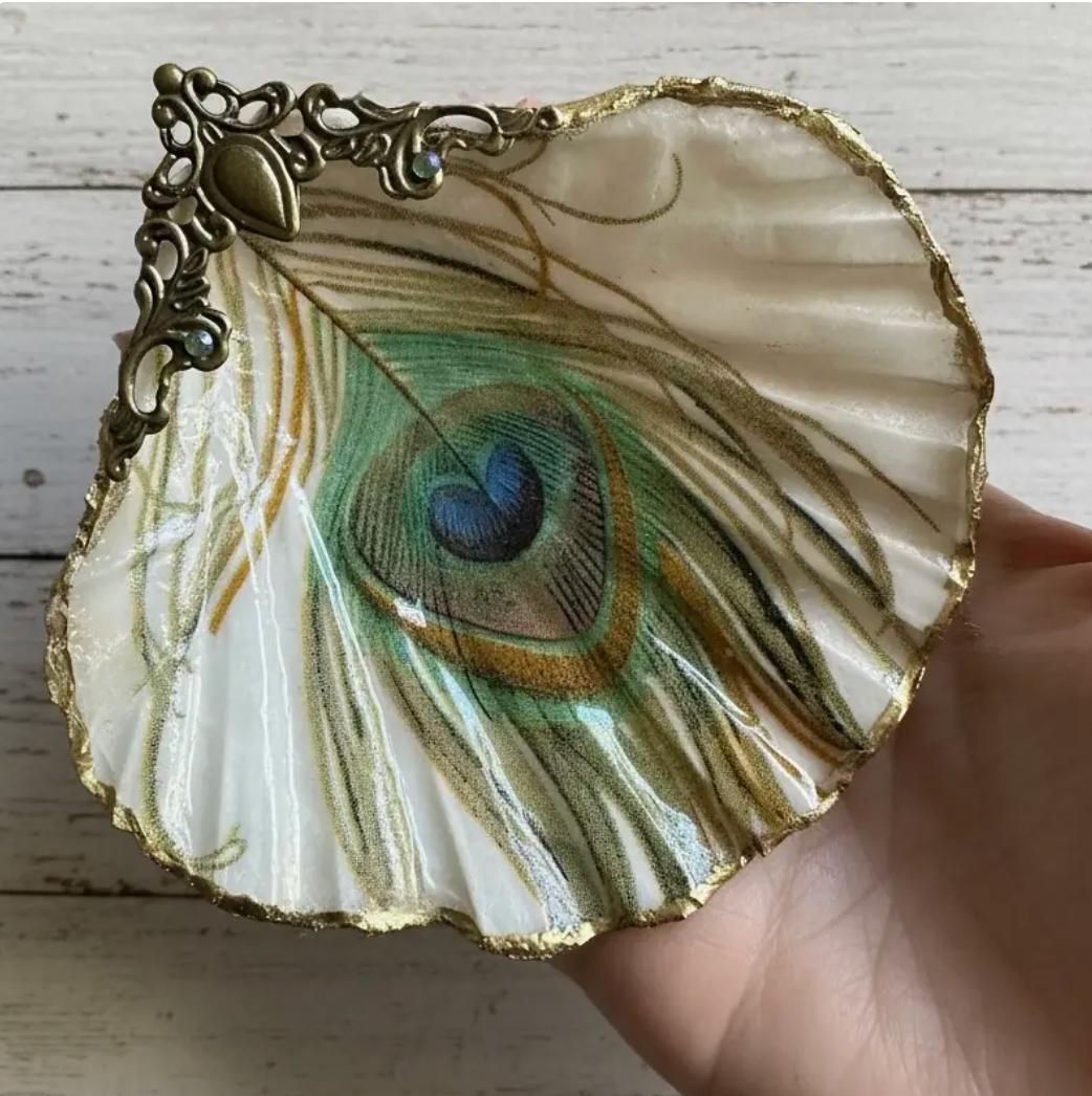 Peacock Decoupage Shell Jewelry Dish-Calypsos Cottage